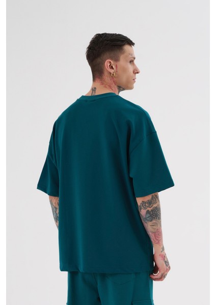 Erkek Printed Patched Baskılı Oversize Petrol Yeşili Tişört