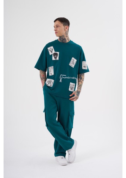 Erkek Printed Patched Baskılı Oversize Petrol Yeşili Tişört