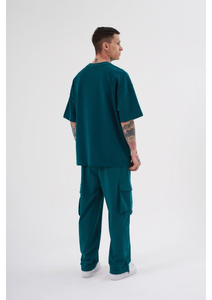Erkek Printed Patched Baskılı Oversize Petrol Yeşili Tişört