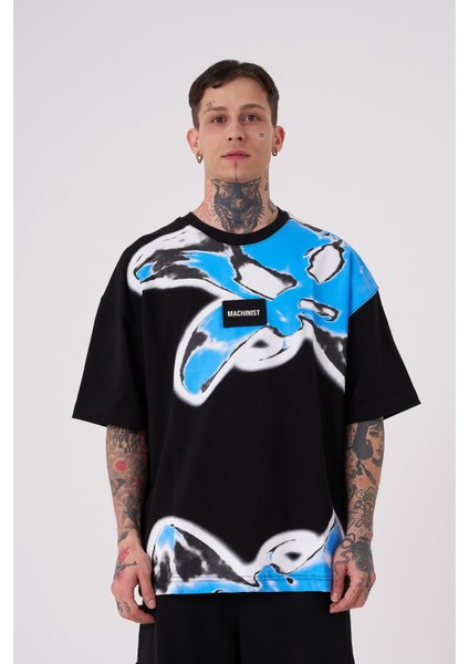 Erkek Lotus Flower Baskılı Oversize Siyah Tişört