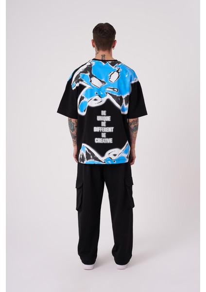 Erkek Lotus Flower Baskılı Oversize Siyah Tişört fırsatları