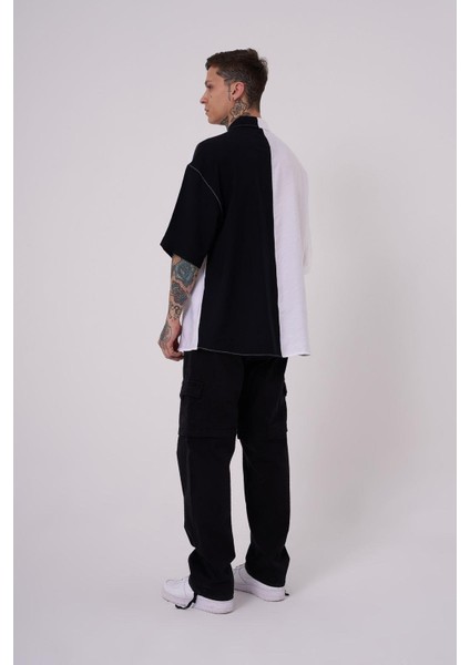 Erkek Kontrast Cepli Oversize Siyah Beyaz Gömlek
