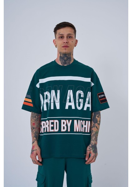 Erkek Inspired By Machinist Baskılı Oversize Petrol Yeşili Tişört