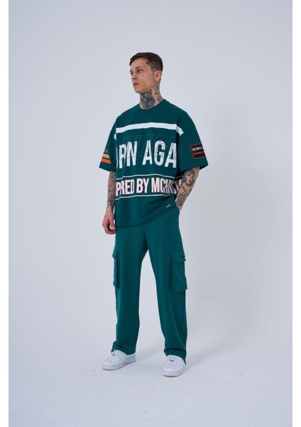 Erkek Inspired By Machinist Baskılı Oversize Petrol Yeşili Tişört