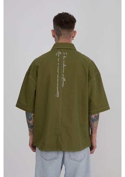 Erkek Frınged Nakışlı Oversize Haki Gömlek