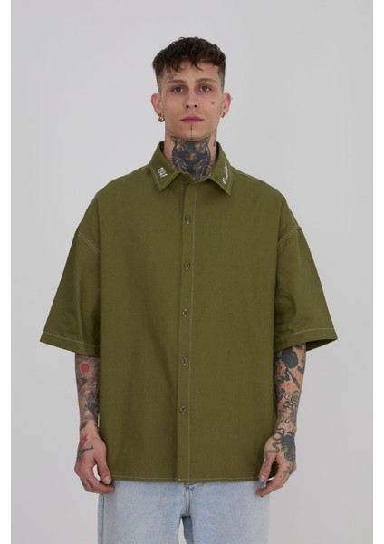 Erkek Frınged Nakışlı Oversize Haki Gömlek