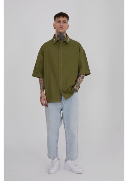 Erkek Frınged Nakışlı Oversize Haki Gömlek