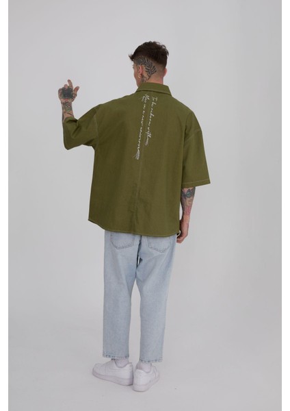 Erkek Frınged Nakışlı Oversize Haki Gömlek