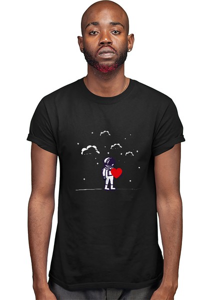 Kalp Tutan Astronot Siyah Unisex Tişört T-Shirt modelleri