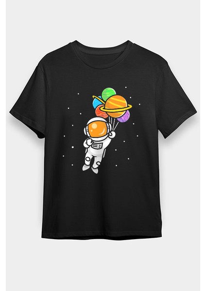 Balonlu Şirin Astronot Siyah Unisex Tişört T-Shirt
