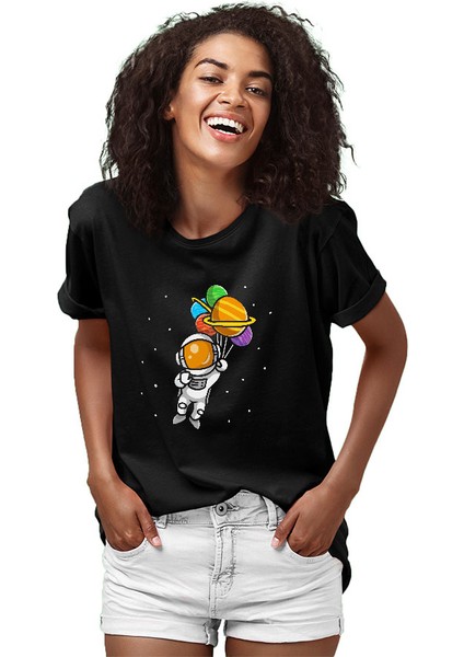 Balonlu Şirin Astronot Siyah Unisex Tişört T-Shirt