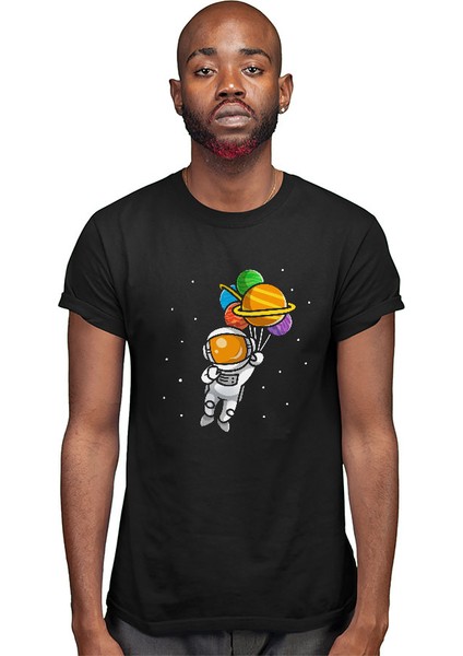 Balonlu Şirin Astronot Siyah Unisex Tişört T-Shirt