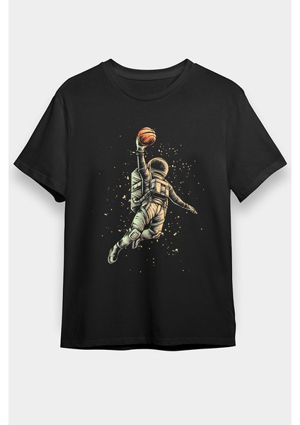 Basketçi Astronot Siyah Unisex Tişört T-Shirt