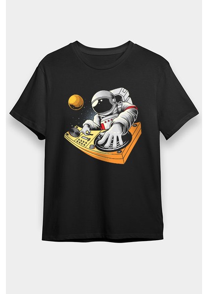Dj Astronot Siyah Unisex Tişört T-Shirt