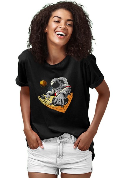 Dj Astronot Siyah Unisex Tişört T-Shirt