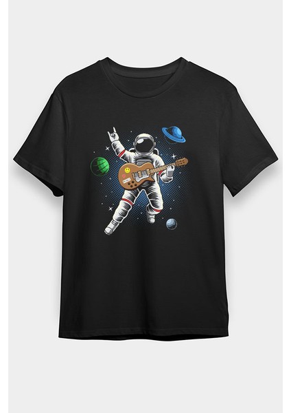 Gitar Çalan Astronot Siyah Unisex Tişört T-Shirt