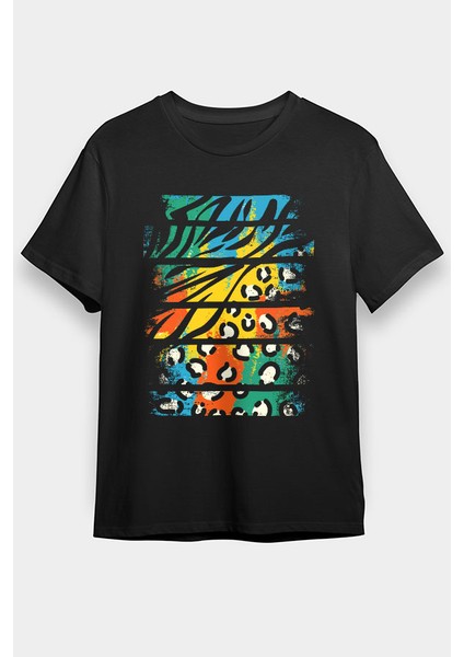 Renkli Vahşi Hayvan Deseni Siyah Unisex Tişört T-Shirt