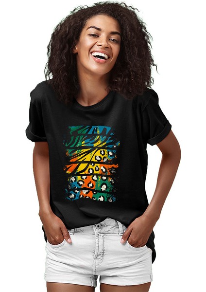 Renkli Vahşi Hayvan Deseni Siyah Unisex Tişört T-Shirt fiyatları