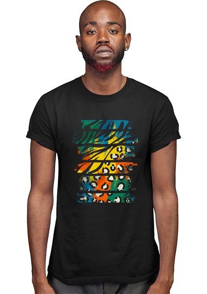 Renkli Vahşi Hayvan Deseni Siyah Unisex Tişört T-Shirt modelleri