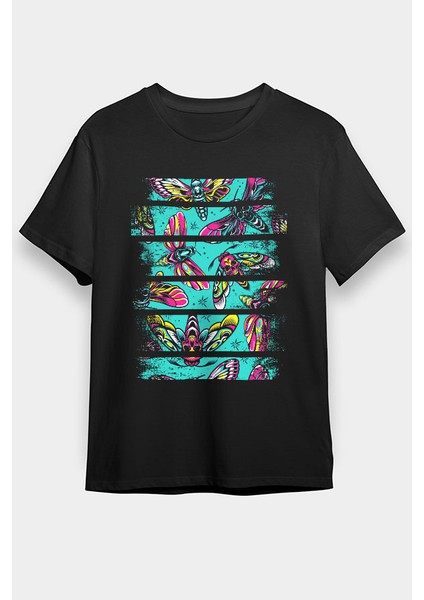 Çok Renkli Kelebek Siyah Unisex Tişört T-Shirt
