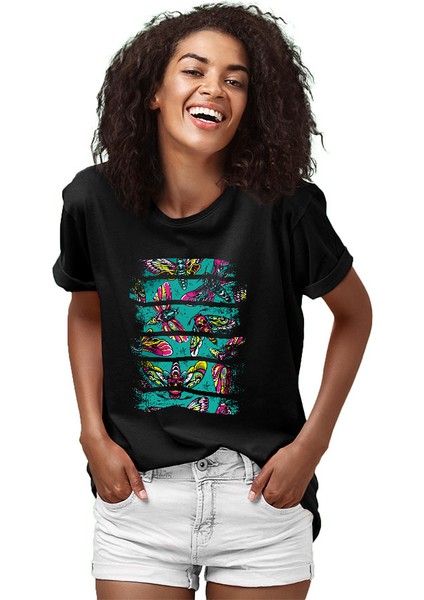 Çok Renkli Kelebek Siyah Unisex Tişört T-Shirt fiyatları