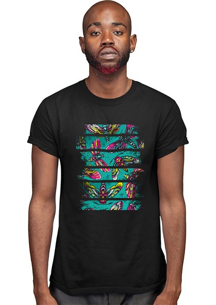 Çok Renkli Kelebek Siyah Unisex Tişört T-Shirt modelleri