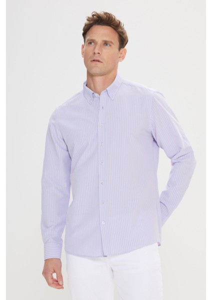 Erkek Lila Slim Fit Dar Kesim Gofre Desenli Düğmeli Yaka Oxford Gömlek