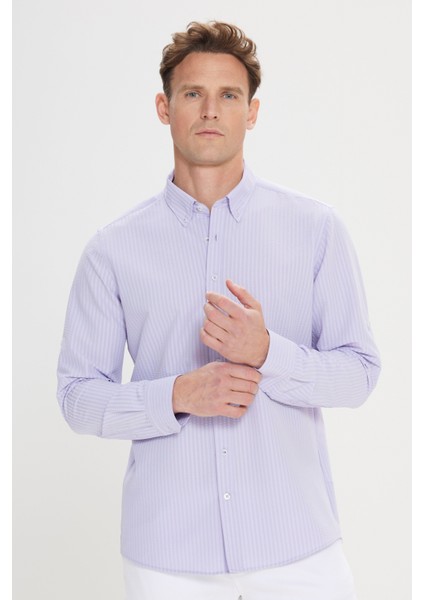 Erkek Lila Slim Fit Dar Kesim Gofre Desenli Düğmeli Yaka Oxford Gömlek modelleri