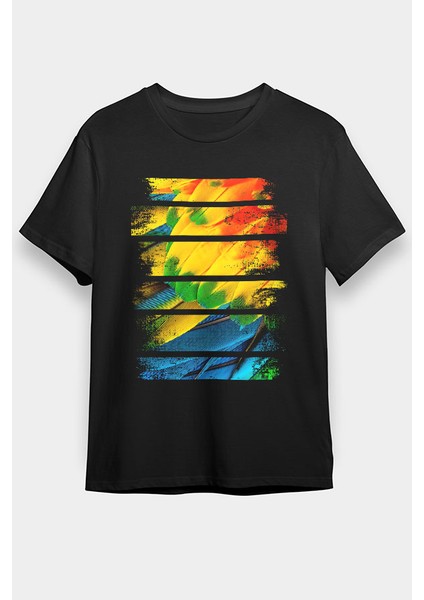 Renkli Papağan Kanadı Siyah Unisex Tişört T-Shirt