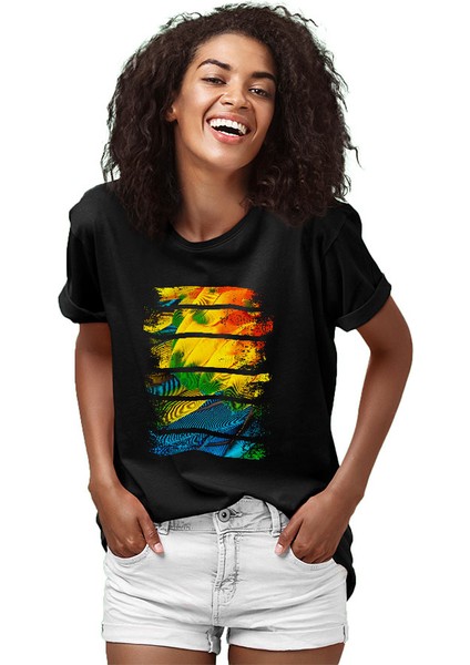 Renkli Papağan Kanadı Siyah Unisex Tişört T-Shirt fiyatları