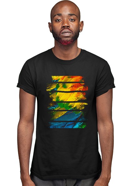 Renkli Papağan Kanadı Siyah Unisex Tişört T-Shirt modelleri