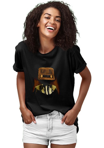 Radyo Kafalı Siyah Unisex Tişört T-Shirt