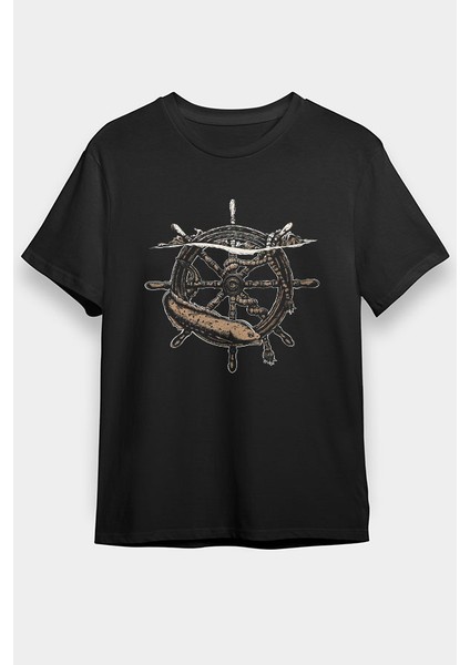 Gemi Dümeni Siyah Unisex Tişört T-Shirt