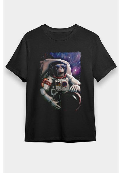 Astronot Maymun Siyah Unisex Tişört T-Shirt