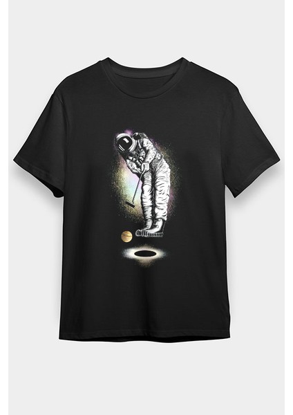 Golf Oynayan Astronot Siyah Unisex Tişört T-Shirt