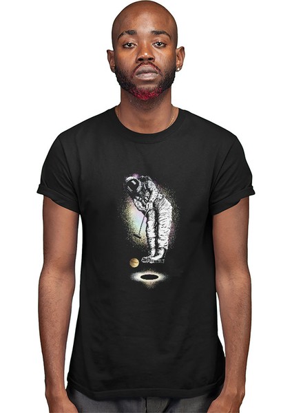 Golf Oynayan Astronot Siyah Unisex Tişört T-Shirt modelleri