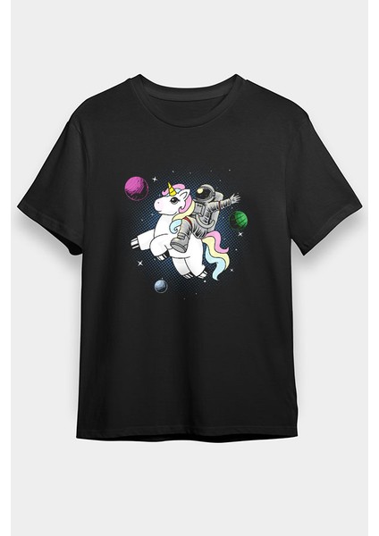 Unicorn ve Astronot Siyah Unisex Tişört T-Shirt