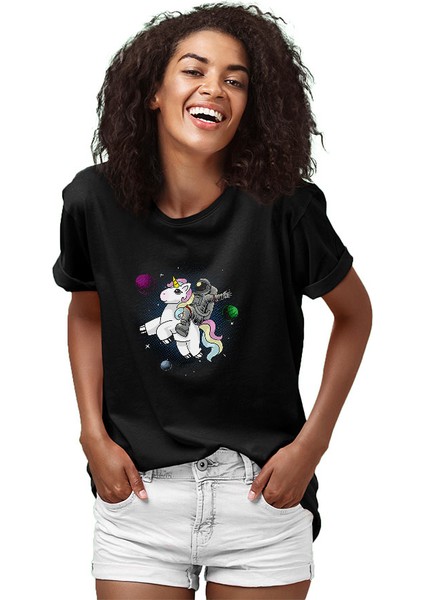 Unicorn ve Astronot Siyah Unisex Tişört T-Shirt fiyatları