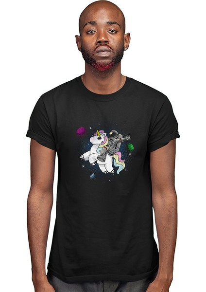 Unicorn ve Astronot Siyah Unisex Tişört T-Shirt modelleri