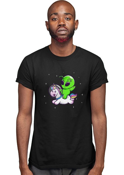 Şirin Unicorn ve Alien Siyah Unisex Tişört T-Shirt modelleri