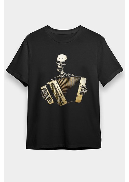 Akordiyon Çalan Kurukafa Siyah Unisex Tişört T-Shirt