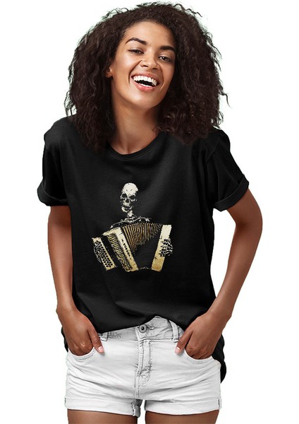 Akordiyon Çalan Kurukafa Siyah Unisex Tişört T-Shirt fiyatları
