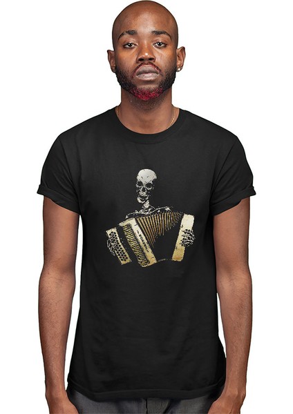 Akordiyon Çalan Kurukafa Siyah Unisex Tişört T-Shirt modelleri