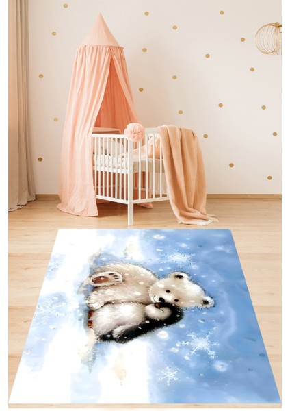 Sevimli Ayıcık ve Penguen Yıkanabilir Kaymaz Taban Leke Tutmaz Çocuk Odası Halısı