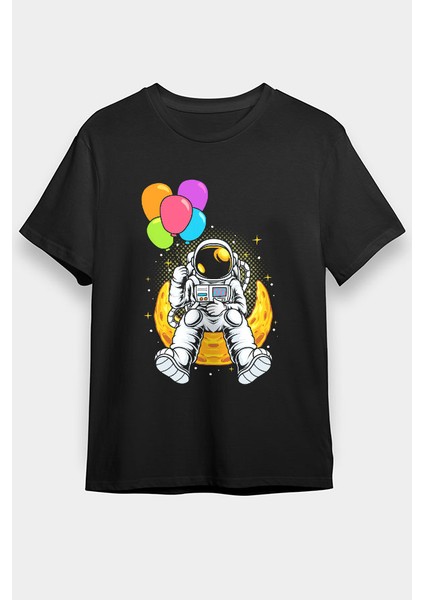 Balon Tutan Astronot Siyah Unisex Tişört T-Shirt