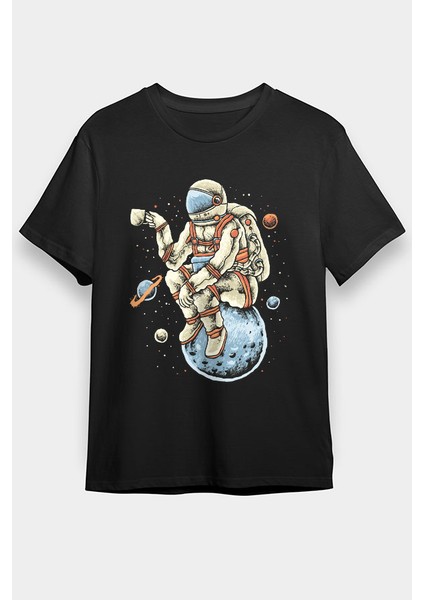 Kahve Içen Astronot Siyah Unisex Tişört T-Shirt
