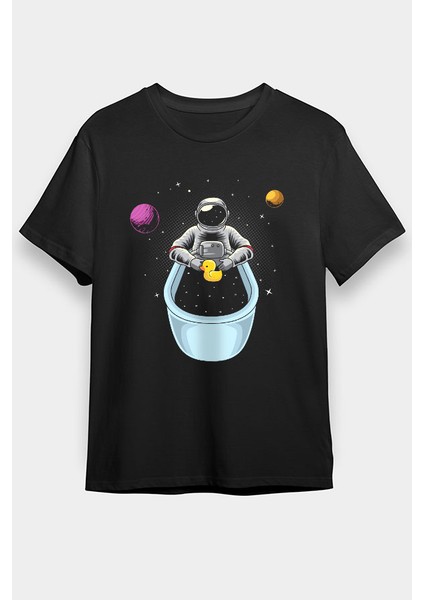 Küvette Yıkanan Astronot Siyah Unisex Tişört T-Shirt