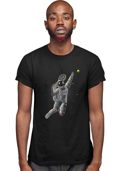 Tenis Oynayan Astronot Siyah Unisex Tişört T-Shirt modelleri
