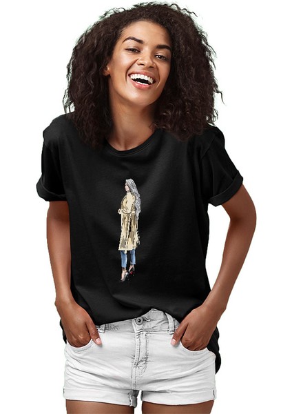 Trençkot Trendi Moda Siyah Unisex Tişört T-Shirt