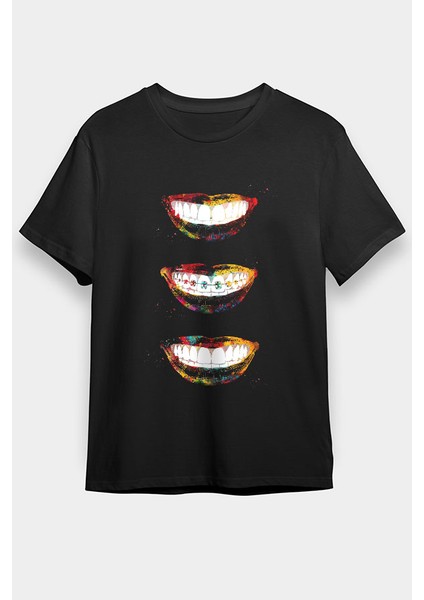 Dişler Renkli Dişçi Siyah Unisex Tişört T-Shirt